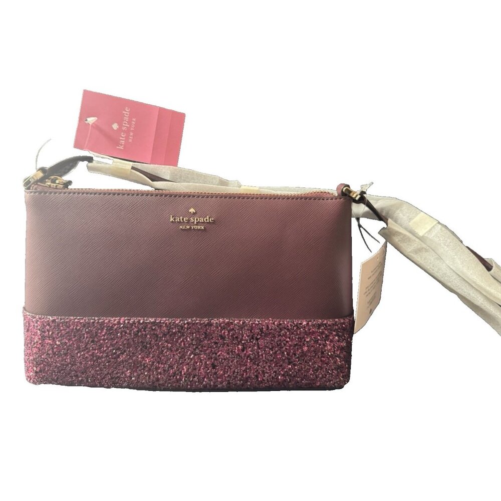 Kate Spade Flash Glitter Fabric Mixed Crossbody Bag K8711 Color: Cherrywood